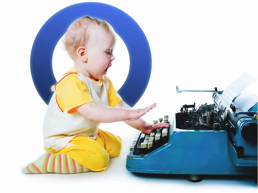 Image of a baby at an old fashioned typewriter